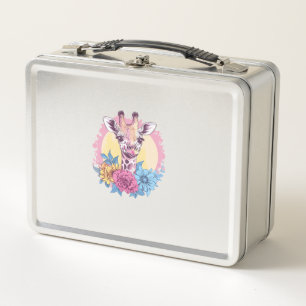 Giraffe With Colourful Floral Background Metal Lunch Box
