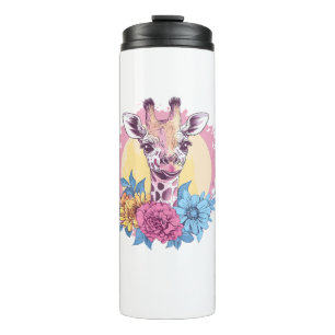 Giraffe With Colourful Floral Background Thermal Tumbler