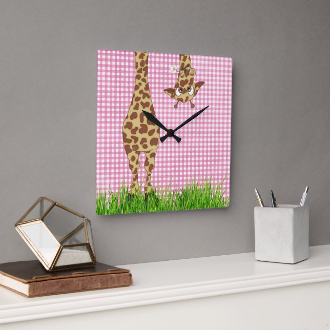 Giraffe With Daisy on Pink Gingham Square Wall Clock (Office)