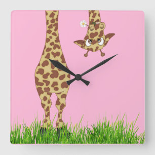 Giraffe With Daisy on Pink Square Wall Clock