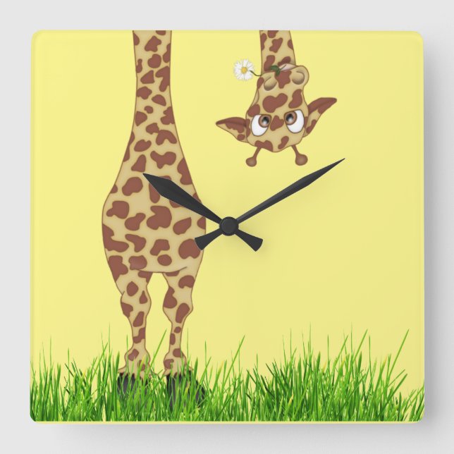 Giraffe With Daisy on Yellow  Square Wall Clock (Front)