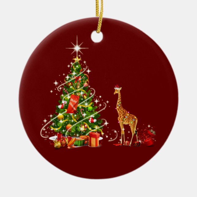 Giraffe With Hat LIGHTS Christmas Ceramic Tree Decoration (Front)