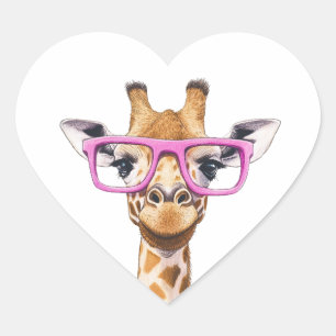 Giraffe with Pink Glasses  Heart Sticker