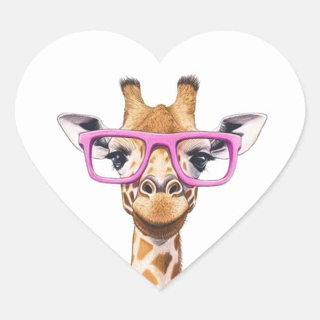 Giraffe with Pink Glasses  Heart Sticker (Front)