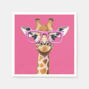 Giraffe with Pink Glasses - Pink Background Napkin