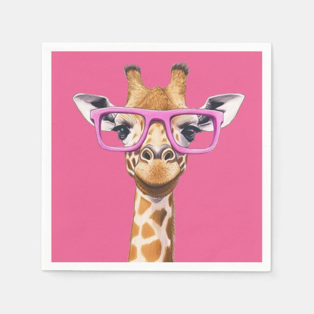 Giraffe with Pink Glasses - Pink Background Napkin (Front)
