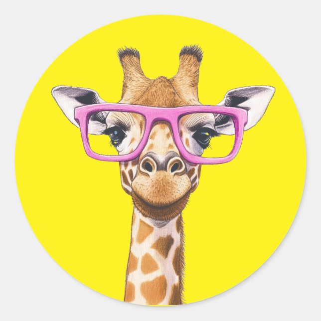 Giraffe with Pink Glasses Yellow Backgrad. Sticker (Front)