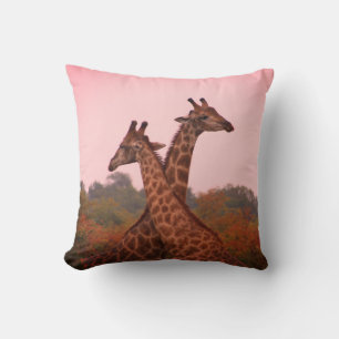Giraffe with pink sky and mopani trees cushion