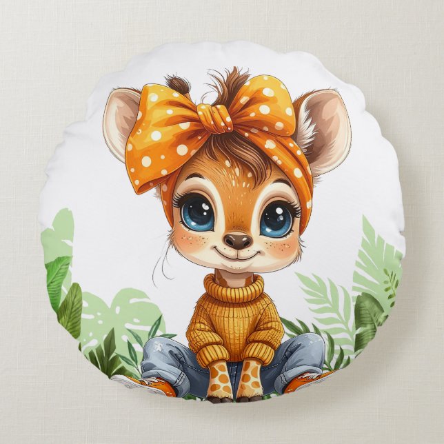 Giraffe with polka dot bow jungle round cushion (Front)