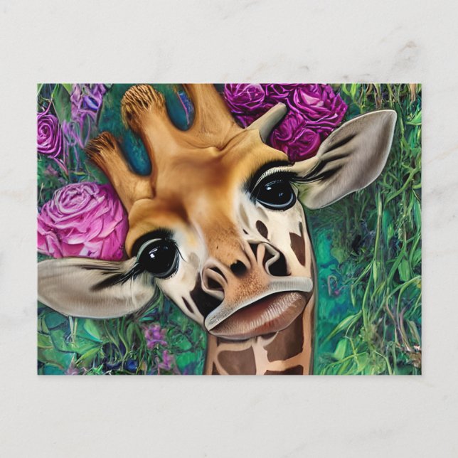Giraffe with Roses and Watercolor Postcard (Front)