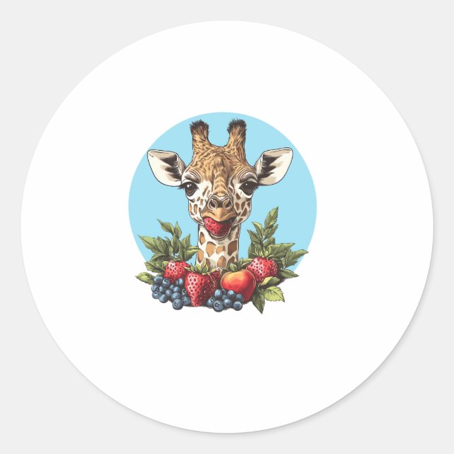 Giraffe With Strawberries Blueberries Apples   Classic Round Sticker (Front)