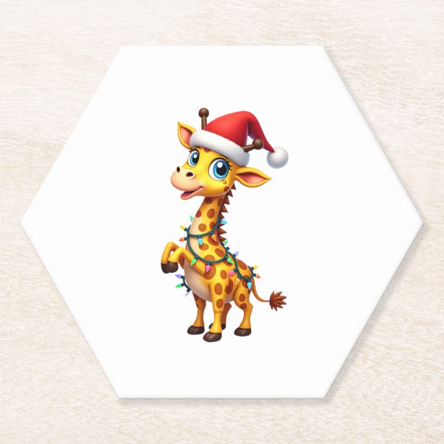 Giraffe Xmas Lighting Funny Santa Giraffe Christma Paper Coaster (Front)