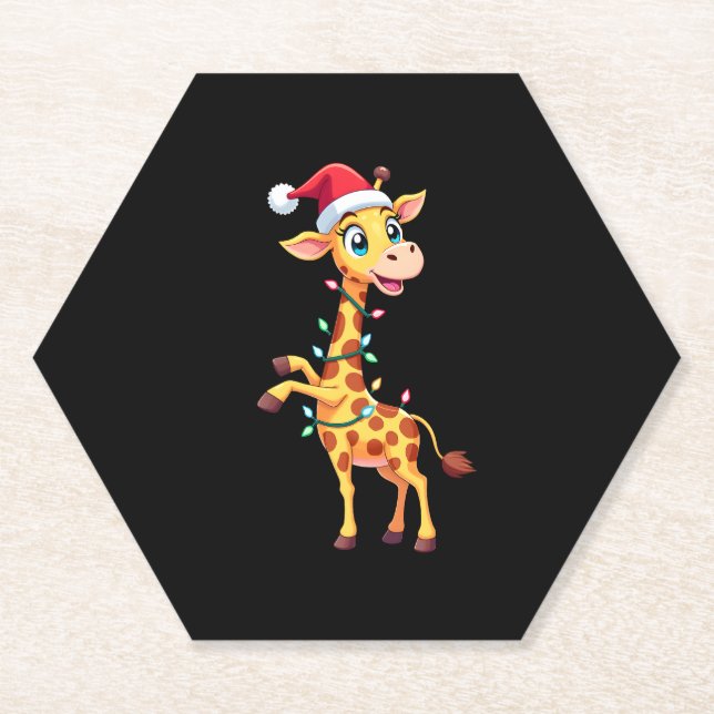 Giraffe Xmas Lighting Funny Santa Giraffe Christma Paper Coaster (Front)