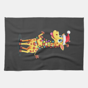 Giraffe Xmas Lighting Funny Santa Giraffe Christma Tea Towel
