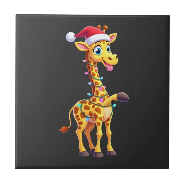 Giraffe Xmas Lighting Funny Santa Giraffe Christma Tile (Front)