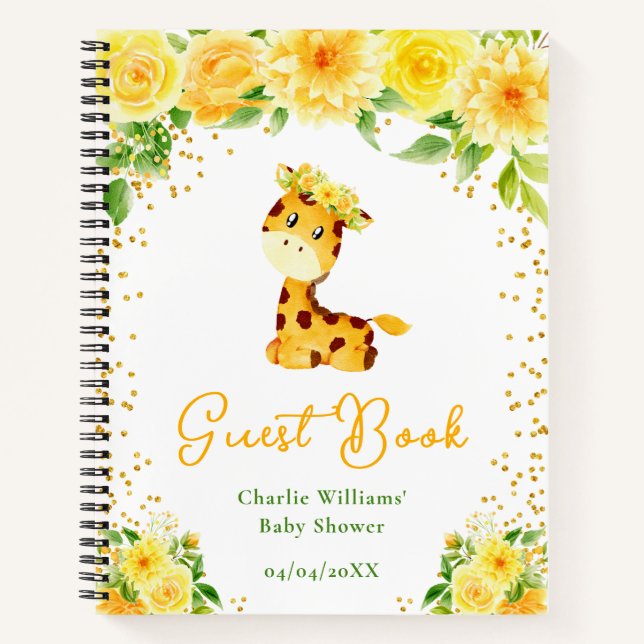 Giraffe Yellow Floral Baby Shower Guest Book (Front)