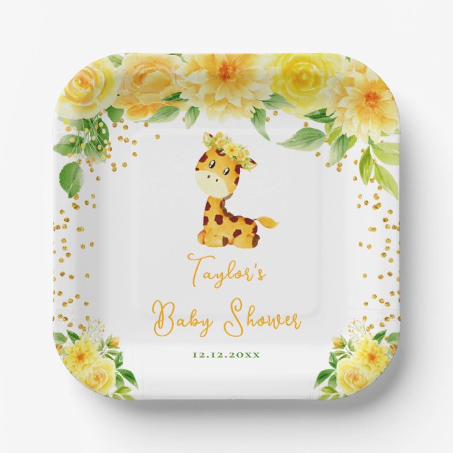 Giraffe Yellow Floral Baby Shower Paper Plate (Front)