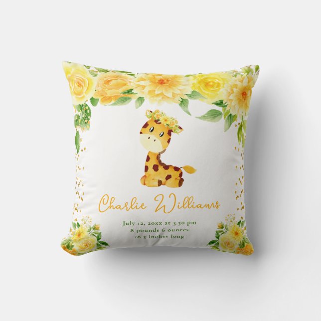 Giraffe Yellow Floral Birth Statistics Cushion (Front)
