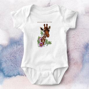 Giraffe Yellow Portrait Flowers Baby Bodysuit