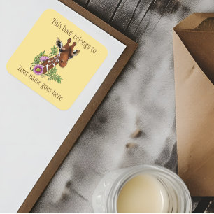 Giraffe Yellow Portrait Flowers Bookplate Square Sticker