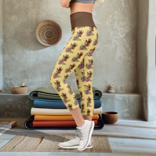 Giraffe Yellow Portrait Flowers Capri Leggings