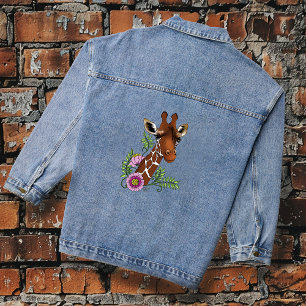 Giraffe Yellow Portrait Flowers Denim Jacket