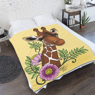 Giraffe Yellow Portrait Flowers  Fleece Blanket