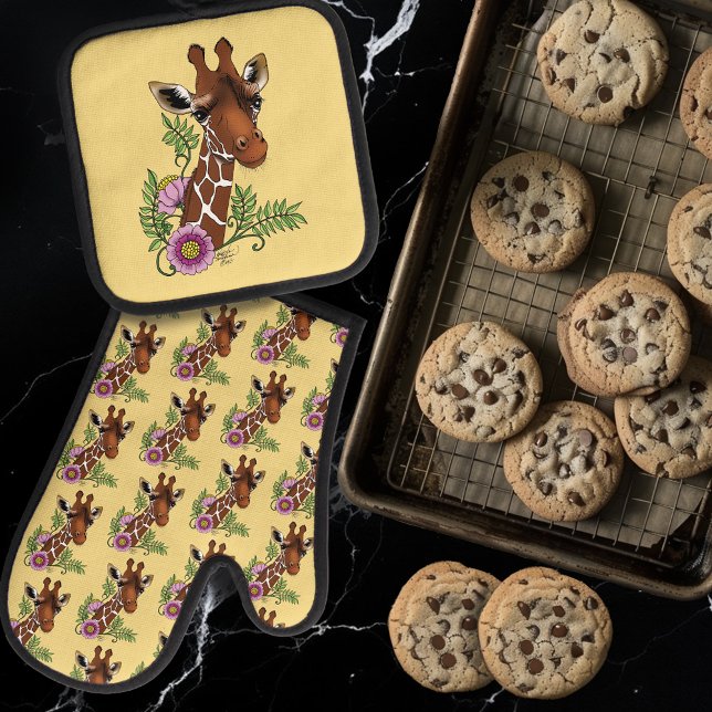Giraffe Yellow Portrait Flowers Oven Mitt & Pot Holder Set (Creator Uploaded)