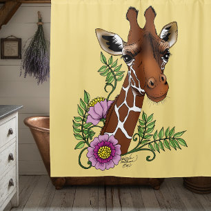 Giraffe Yellow Portrait Flowers Shower Curtain
