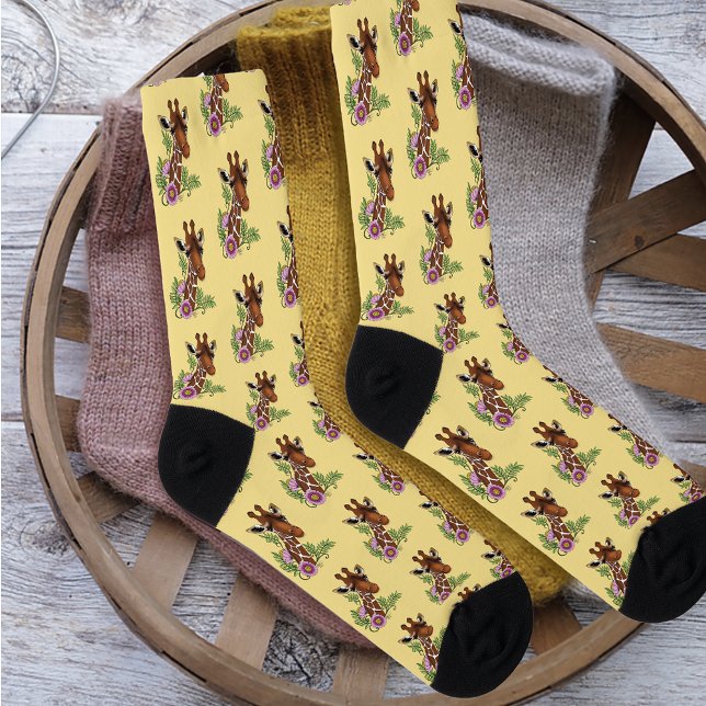 Giraffe Yellow Portrait Flowers Socks (Creator Uploaded)