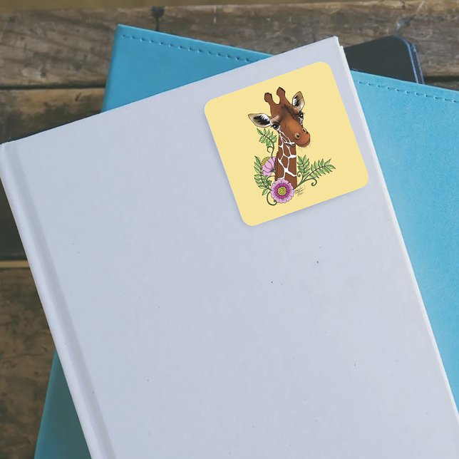 Giraffe Yellow Portrait Flowers Square Sticker (Creator Uploaded)