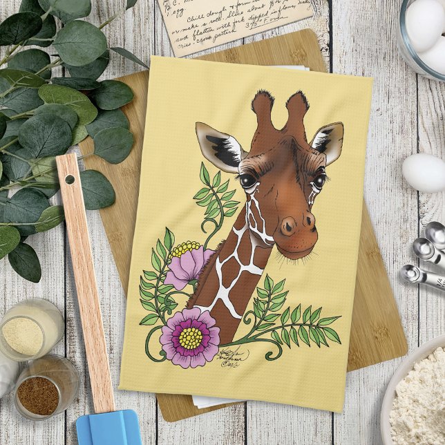 Giraffe Yellow Portrait Flowers Tea Towel (Creator Uploaded)
