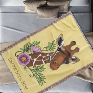Giraffe Yellow Portrait Flowers Throw Blanket
