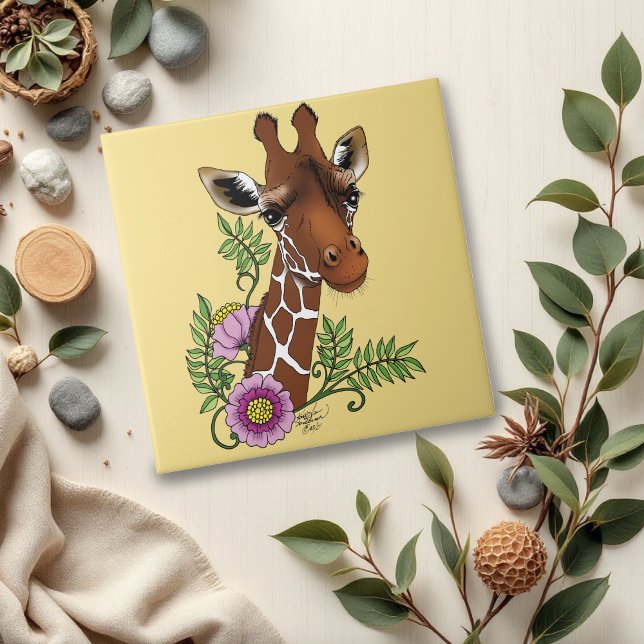 Giraffe Yellow Portrait Flowers Tile (Creator Uploaded)
