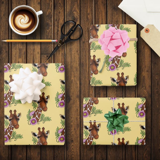 Giraffe Yellow Portrait Flowers Wrapping Paper Sheet (Creator Uploaded)