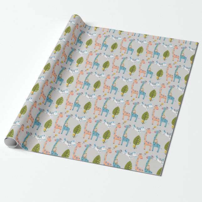 Giraffe Zebra And Monkey Pattern Wrapping Paper (Unrolled)