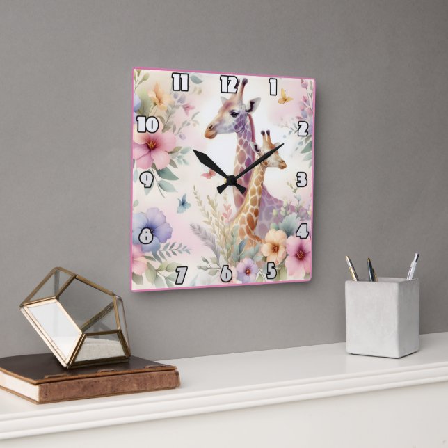 Giraffes among vibrant African flowers Square Wall Clock (Office)