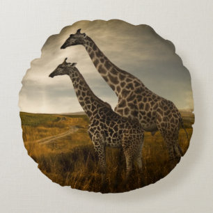 Giraffes and The Landscape Round Cushion