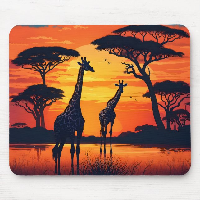 Giraffes at the Watering Hole at Sunset Mouse Pad (Front)