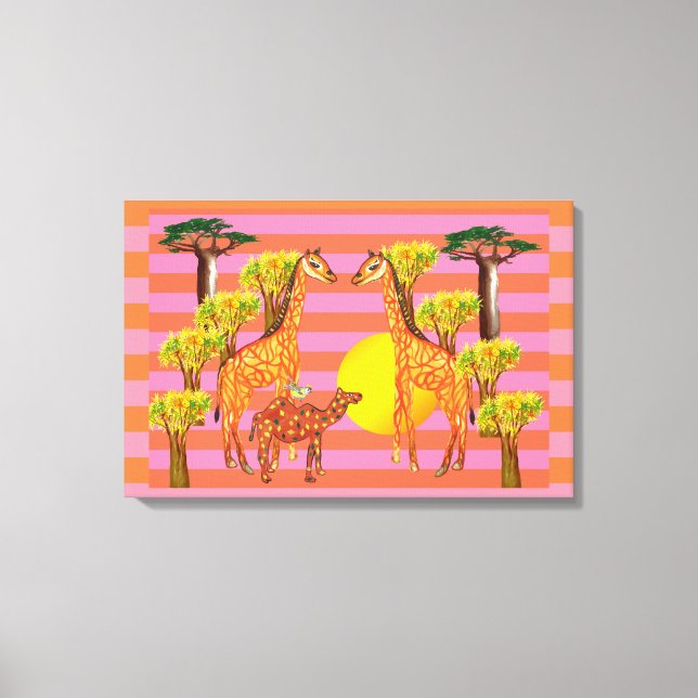 Giraffes, Camel and a bird Wrapped Canvas (Front)