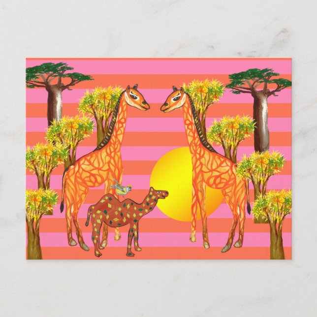 Giraffes, Camel, Bird  Drawing Postcard (Front)