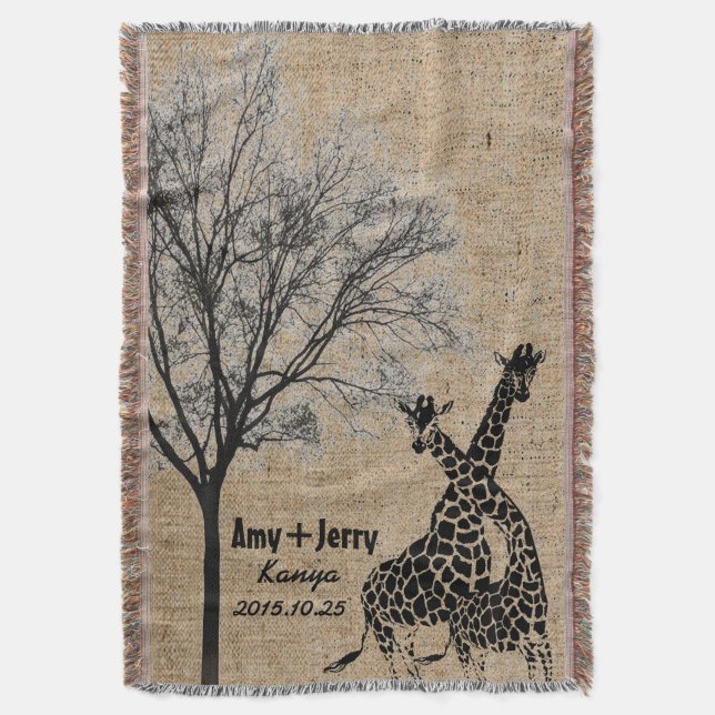 Giraffes Couple Love Personalised Wedding Gift Throw Blanket (Front Vertical)