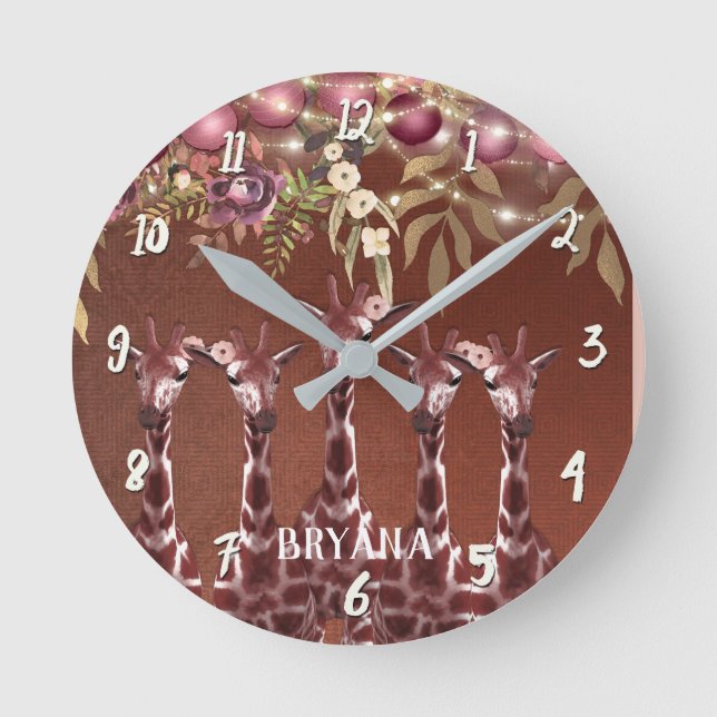 Giraffes Giraffe Floral Rustic Brown Personalised Round Clock (Front)