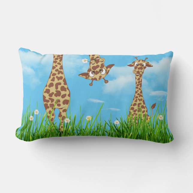 Giraffes in Grass with Clouds Lumbar Pillow (Front)