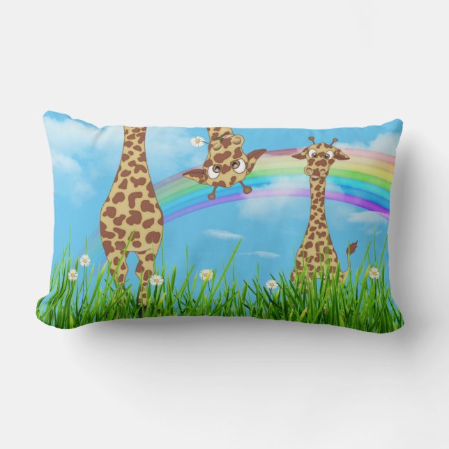 Giraffes in Grass with Rainbow Lumbar Pillow (Front)