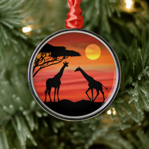 Giraffes in the Serengeti Sunset Metal Tree Decoration