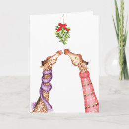 Giraffes kissing under mistletoe Christmas card