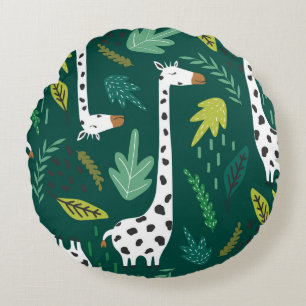Giraffes, leaves, hand drawn backdrop. Colorful se Round Cushion