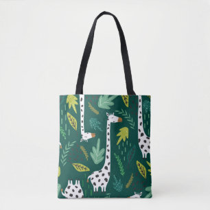 Giraffes, leaves, hand drawn backdrop. Colorful se Tote Bag