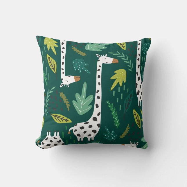 Giraffes, leaves, hand drawn backdrop. Colourful s Cushion (Front)